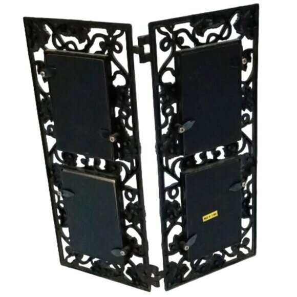 Vtge Metal Bi-Fold Rectangular Four-Picture Photo Frame Black Grape Vine Decor - Picture 2 of 6
